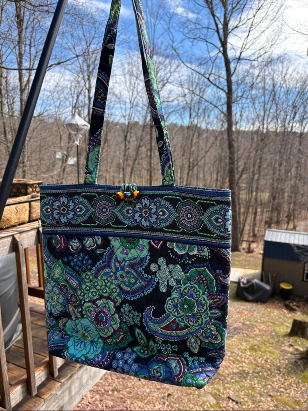 Floral Quilted Tote Bag in Navy & Green